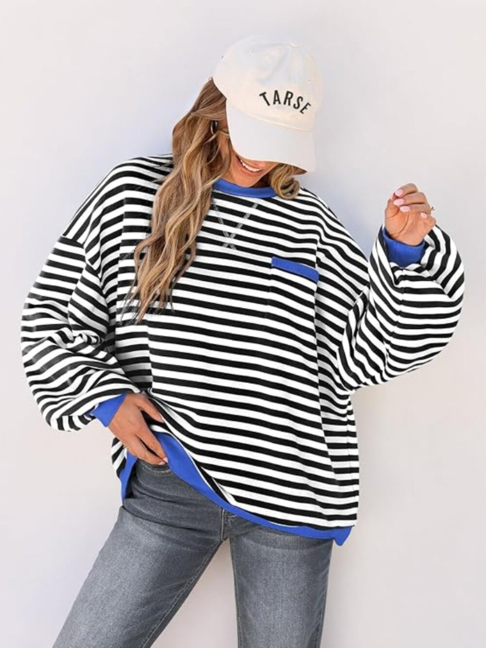 Tarse Women's XL Black & Blue Striped Oversized Sweatshirt 50% off Retail